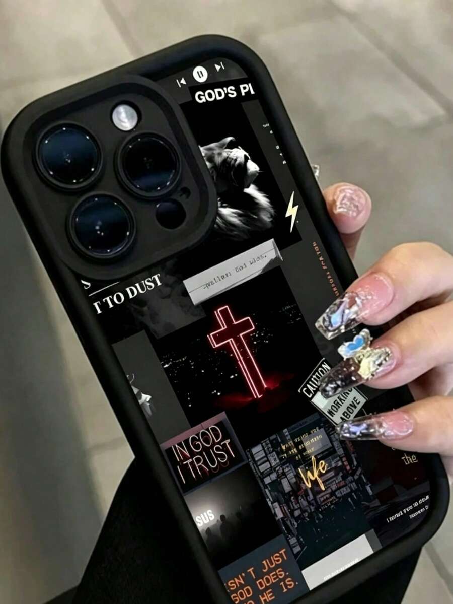 1pc Black Cross Collage Pattern Perforated Anti-Drop Anti-Fingerprint Full Coverage Phone Case Compatible With Iphone - Multicolor - View 1