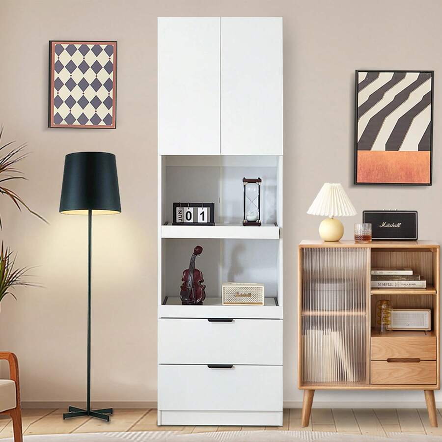 200cm High Kitchen Cabinets, Storage Cupboards, Doors, Drawers, Microwave Shelves, Tall Cabinets With Tip-Over Protection, Sideboards, Freestanding Multifunctional Cabinets For Dining Room, Living Room, White - White - View 1