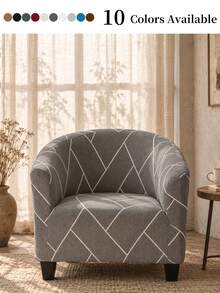 1Pc Grey Geometric Line Tub Chair Cover, Modern Abstract Striped Stretch Armchair Slipcover, Washable Elastic Furniture Cover, Minimalist Living Room Home Decoration - Multicolor - View 1