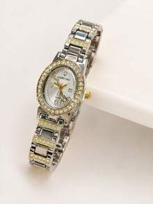 JUSMI Women's Rhinestone Icy Quartz Watch, Oval Dial Bracelet Watch, Christmas Valentine's Day Gift For Girlfriend Wife Mother, Suitable For Party Wedding - Silver and Gold - View 3