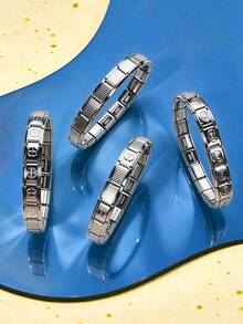 1-Piece Italian-Style Fashion Bracelet, Stretch Adjustable Metal Modular Multi-Color Combination Bracelet, Luxury Stainless Steel Square Link Bracelet, Unisex Design, Stackable & Multi-Functional Stretch Adjustable Bracelet - Blank-silver - View 1