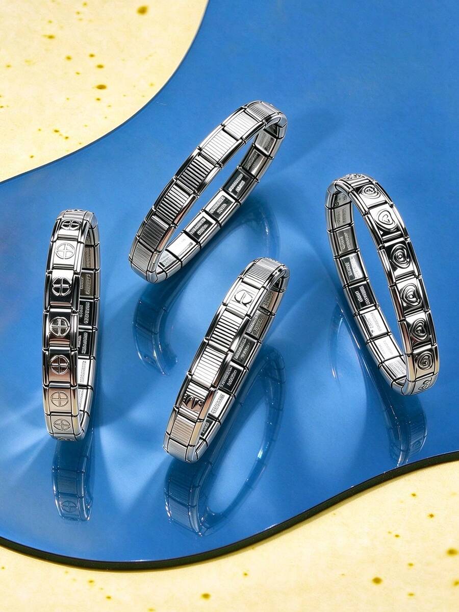 1-Piece Italian-Style Fashion Bracelet, Stretch Adjustable Metal Modular Multi-Color Combination Bracelet, Luxury Stainless Steel Square Link Bracelet, Unisex Design, Stackable & Multi-Functional Stretch Adjustable Bracelet - Blank-silver - View 1