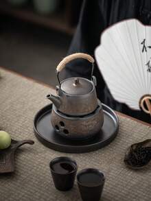 WEN ZHE 復古紋理鍍金粗陶茶壺與茶爐套組,日式手柄陶瓷茶壺,居家茶室禮品茶具組 - 彩色 - 查看 9