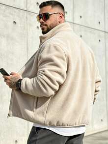 Men's Fleece Casual Solid Color Long Sleeve Jacket, Versatile Autumn/Winter Fleece Coat - Apricot - View 5