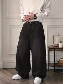 Tween Boy Wide Leg Loose Casual Versatile Elastic Waist Denim Jeans - Black - View 2