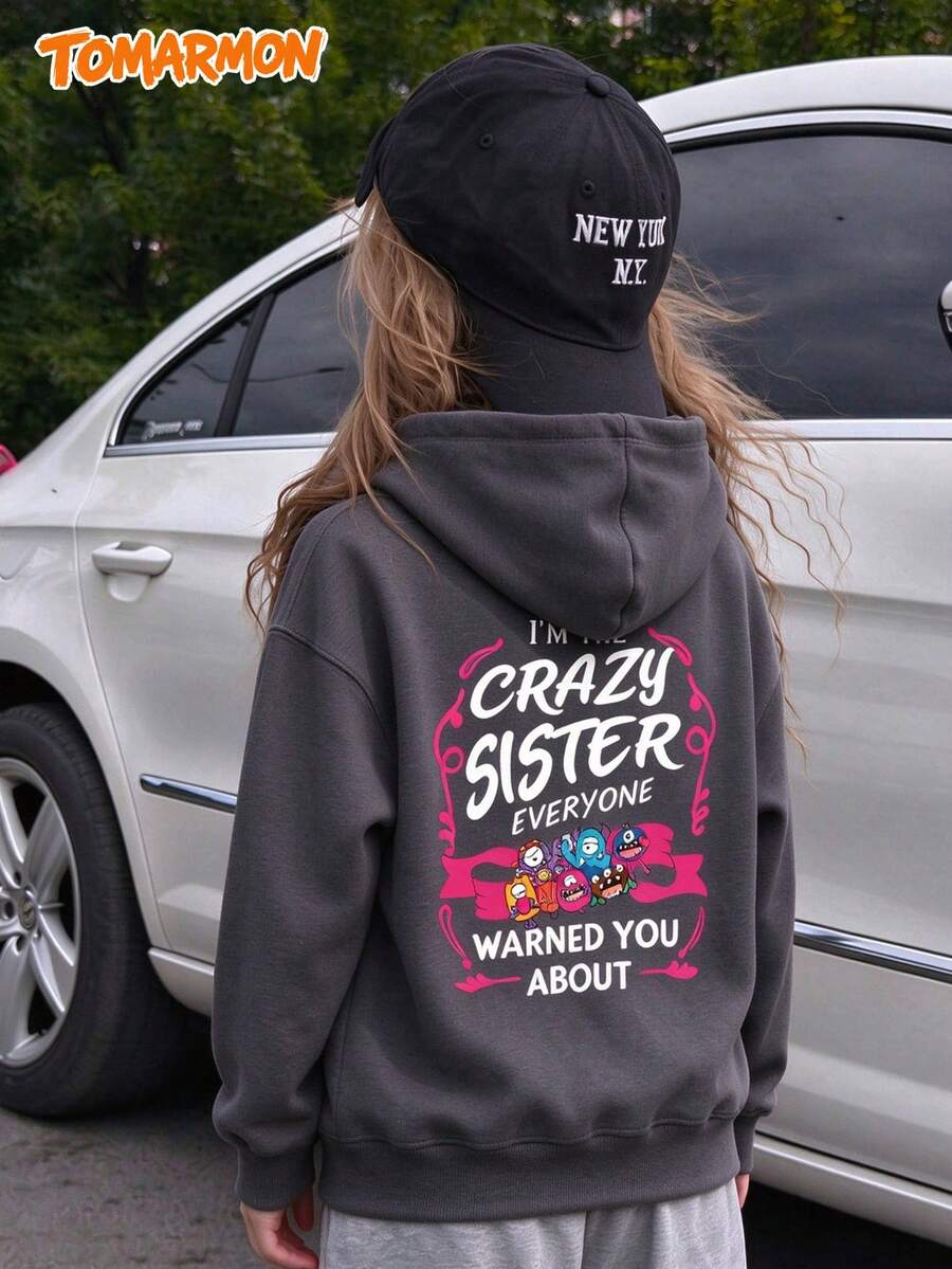TOMARMON Girls' Back Cheerleader Cartoon Slogan Print Sweatshirt, Loose Long Sleeve Casual Sweatshirt #Sports Girl #