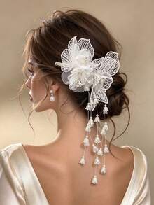1pc White Embroidered Lace Chiffon Flower Beaded Hair Clip With Tassel Edge For Women, Back Of Head Updo Bridal Wedding Banquet Headpiece - Multicolor - View 1