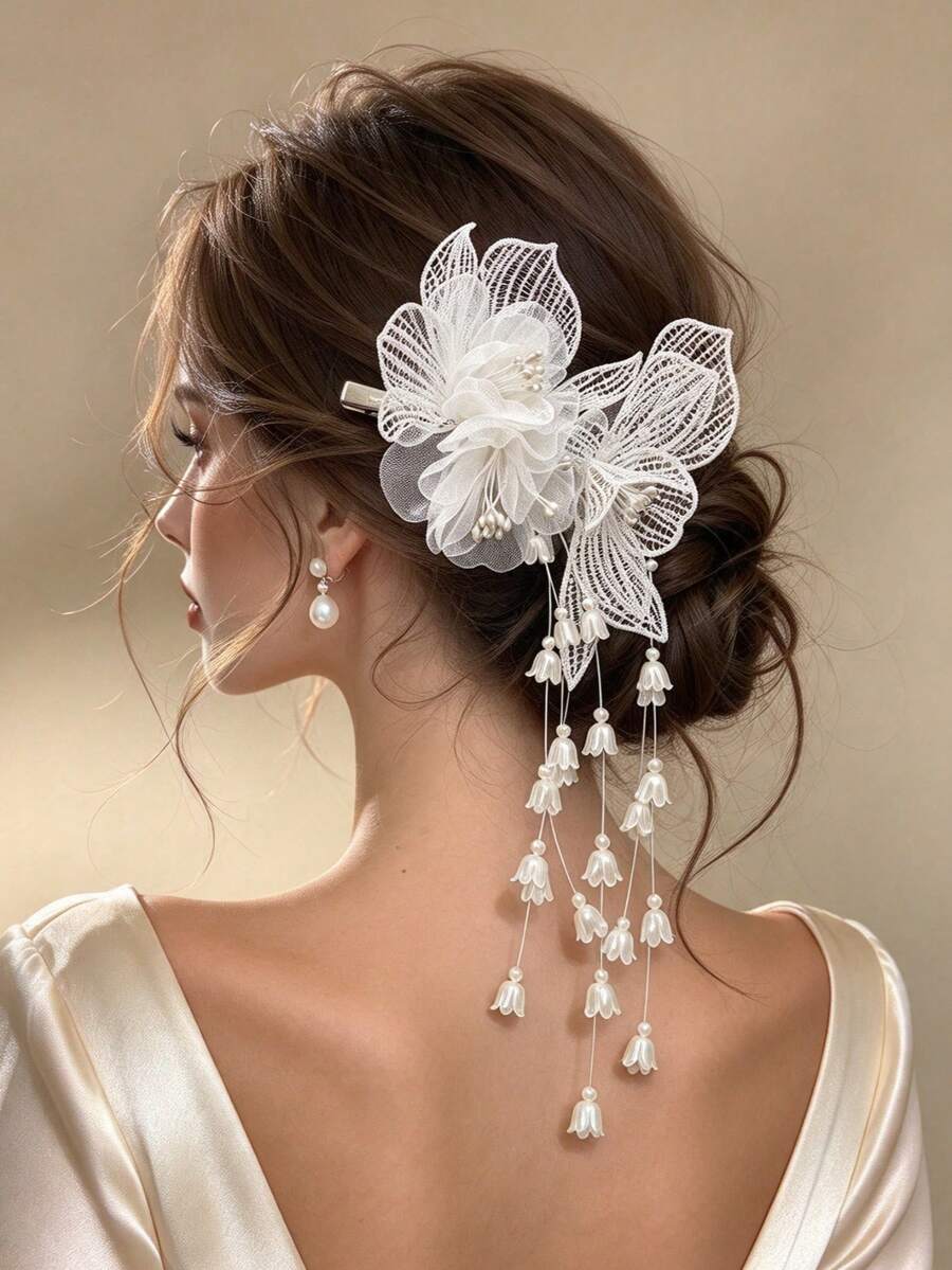 1pc White Embroidered Lace Chiffon Flower Beaded Hair Clip With Tassel Edge For Women, Back Of Head Updo Bridal Wedding Banquet Headpiece - Multicolor - View 1