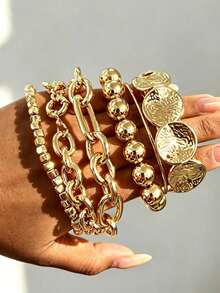 6/1pc Minimalist Elegant Women's Round Patchwork Elastic Bracelet Bangle Set, Suitable For Dating,Wedding, Daily Wear, Stackable, Perfect Gift Choice - Yellow Gold - View 2