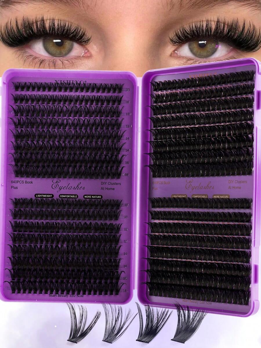 640/592/384pcs D Curl Single Cluster False Eyelashes Set, DIY Eyelash Book Home Lash Extension Kit, Suitable For Beginners, Fluffy Dense Soft Realistic Segmented Lashes, Suitable For Daily/Light Makeup/Cosplay Eye Makeup