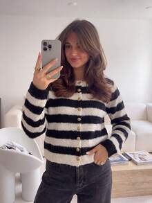 Women's Striped Plush Cardigan, Cute Button Sweater Top, Suitable For Coffee Dates, Outings And Holiday Outfits - Black - View 5
