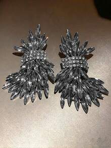 1 Pair Exaggerated Luxury Rhinestone Leaf Wedding Earrings, Fashionable Elegant Women's Jewelry Gift - Dark Grey - View 2