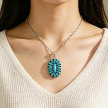 American Turquoise Pendant Necklace For Women, Bohemian Distressed Silver Exaggerated Oval Collarbone Chain, Artistic Versatile Neck Chain, Holiday Autumn/Winter Accessory - Pine Stone Jewelry - View 7