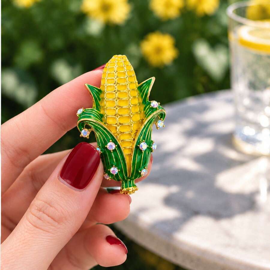 1pc Metal Fruit Corn Brooch Enamel Rhinestone Personalized Pin High-End Clothing Versatile Accessory Small Corsage - Yellow - View 1