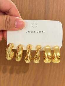 6-18pcs Gold Metal C-Shaped Hoop Earrings Set, Twisted Thick Spring Texture Earrings, Vintage Luxury High-End Versatile Layered Ear Jewelry - Gold - View 3