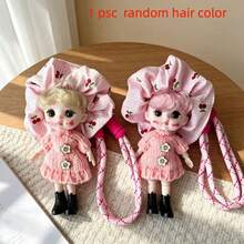 1pc Cute Random Hair Color Doll Keychain, Movable Joints, Kawaii Curly Hair Doll Bag Charm With Bear Button Overalls, Suitable For Backpack And Handbag Decoration, Gift For Girls - Multicolor - View 11