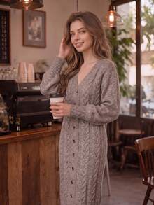 Women's Cable Knit Sweater Dress, V Neck Button Front Long Sleeve Midi Dress - Dusty Pink - View 1