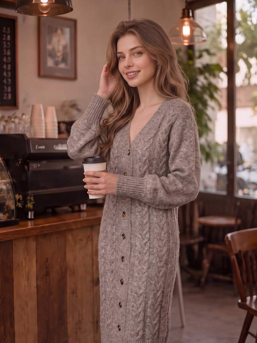 Women's Cable Knit Sweater Dress, V Neck Button Front Long Sleeve Midi Dress - Dusty Pink - View 1