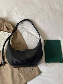 1pc Solid Color PU Shoulder Bag, Fashionable Large Capacity Crescent Moon Shape Women's Bag, Suitable For Adult Women's Fashion Outfits, Shopping And Outings - Black - View 4