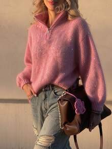 Women's Autumn/Winter Watermelon Pink Versatile All-Match Long Sleeve Zipper Collar Sweater With Sequin Embellishment - Watermelon Pink - View 5
