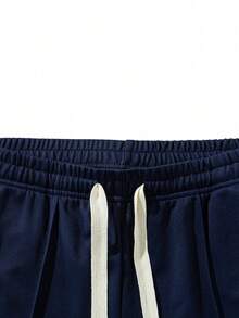 Men Solid Color Center Crease Straight Pants, Elasticated Waist Drawstring Relaxed Daily Trousers - Navy Blue - View 6