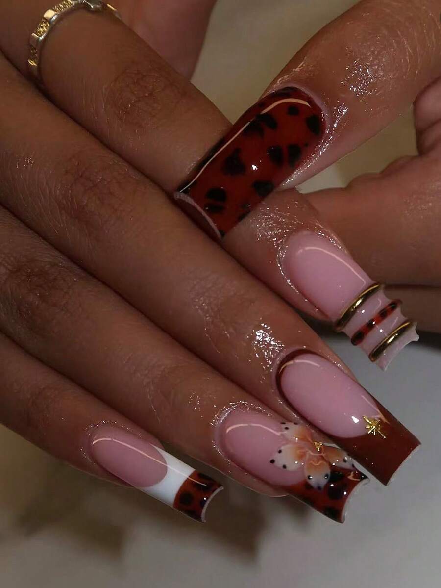 24 Autumn/Winter Long Trapezoid Wearable Nails, Caramel Brown Leopard ...