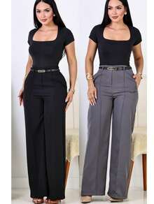 Kit 2 Calça Pantalona Alfaiataria Social Feminina Elegante C/ Cinto - Preto / Cinza - Visão 2