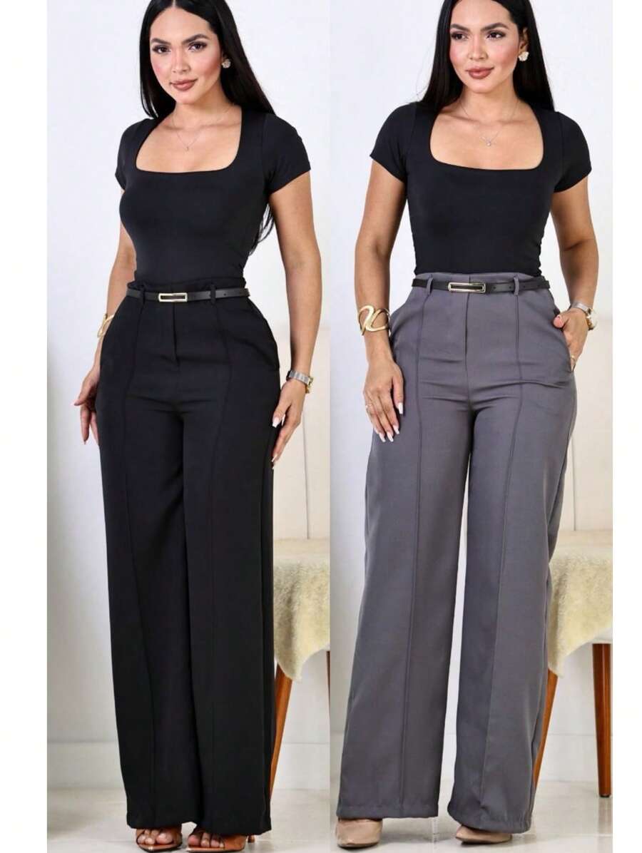 Kit 2 Calça Pantalona Alfaiataria Social Feminina Elegante C/ Cinto