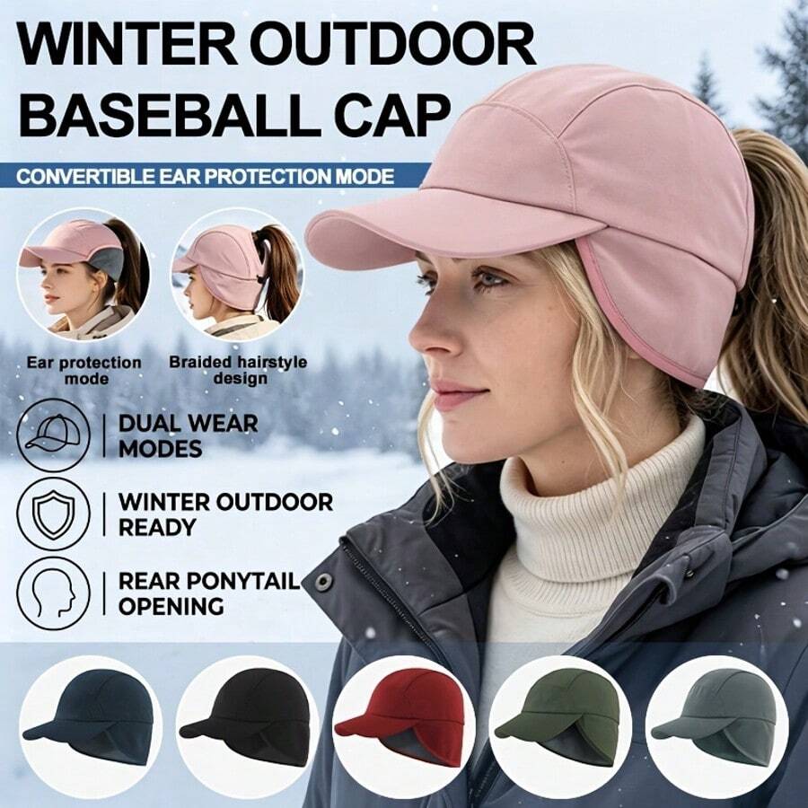 Women's Winter Reflective Fleece Ponytail Cap With Ear Flaps, Baseball Cap, Ponytail Cap, Winter Ski Ear Flaps Knit Warm Windproof Ushanka Hat - Multicolor - View 1