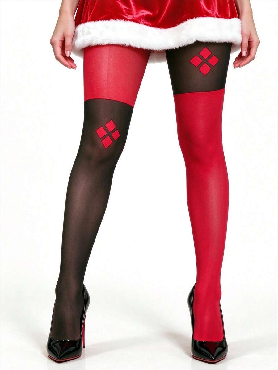 1 Pair Asymmetrical Red & Black Patchwork Tights, Faux Over-The-Knee Argyle Print Christmas Cosplay Party Leggings - Multicolor - View 1