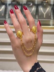 Nhẫn nữ statement mạ vàng 24K, thay thế vàng chống gỉ, mặt oval vân nổi, nối hai ngón bằng xích, trang sức nữ - 01 - Xem 1