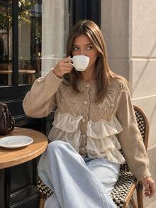Women's Round Neck Knit Cardigan, 3D Floral Details, Layered Ruffle Hem, Front Button Closure, Long Sleeve, Suitable For Autumn/Winter, Halloween, Christmas, Lunar New Year - Apricot - View 2