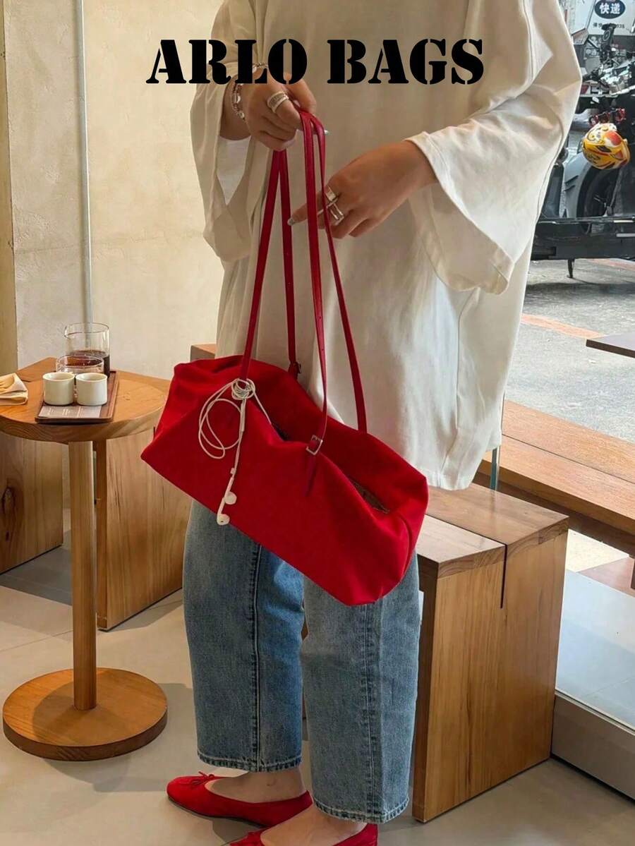 Korean Style Drawstring Pleated Tote Bag For Women, New Minimalist Relaxed Shoulder Bag, INS Blogger Style Underarm Bag, Niche Design, Large Capacity, Versatile Casual Bag For Travel And Shopping - Red - View 1