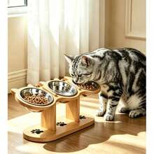 Adjustable 15° Tilt Wooden Pet Feeding Stand With 3 Detachable Stainless Steel Bowls, Anti-Vomit And Whisker Fatigue Relief, Suitable For Cats, Small Dogs And Mini Pets, Easy Assembly, Portable Design, Detachable And Easy To Clean, Ideal For Multi-Pet And Multi-Cat Households - Large Capacity - View 1