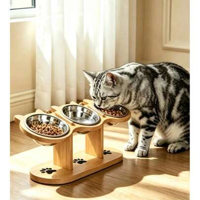 Adjustable 15° Tilt Wooden Pet Feeding Stand With 3 Detachable Stainless Steel Bowls, Anti-Vomit And Whisker Fatigue Relief, Suitable For Cats, Small Dogs And Mini Pets, Easy Assembly, Portable Design, Detachable And Easy To Clean, Ideal For Multi-Pet And Multi-Cat Households