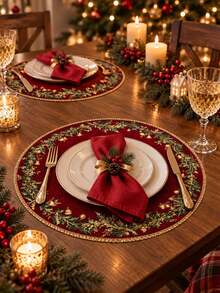 2/4/6pcs Elegant Burgundy & Gold Christmas Placemats, Round Linen Table Mats With Delicate Leaf, Gold Berry & Christmas Theme Patterns, Suitable For Christmas Dinner, Holiday Party, Kitchen & Dining Area And Winter Home Decor - Multicolor - View 7
