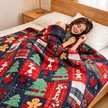 1PC Christmas Patchwork Plaid Gingerbread Man Throw Blanket, Xmas Tree Flannel Blanket For Holiday Sofa Home Decor - Multicolor - View 6