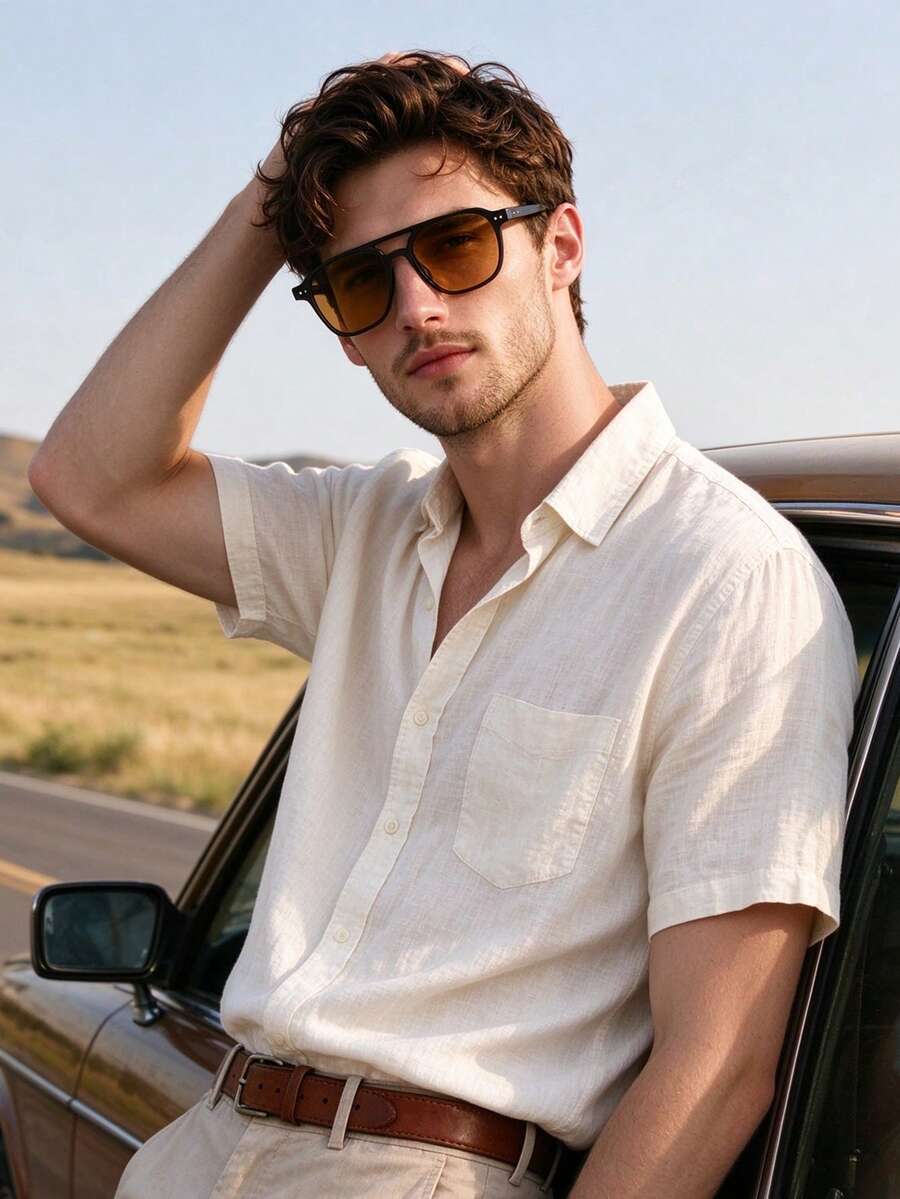 RENNES 1 buah Kacamata Fashion Aviator Retro Pria dengan Jembatan Ganda, Dekorasi Rivet, Lensa PC Pelindung Mata Tahan Lama, Kacamata Ringan untuk Mengemudi & Liburan - MultiWarna - View 1