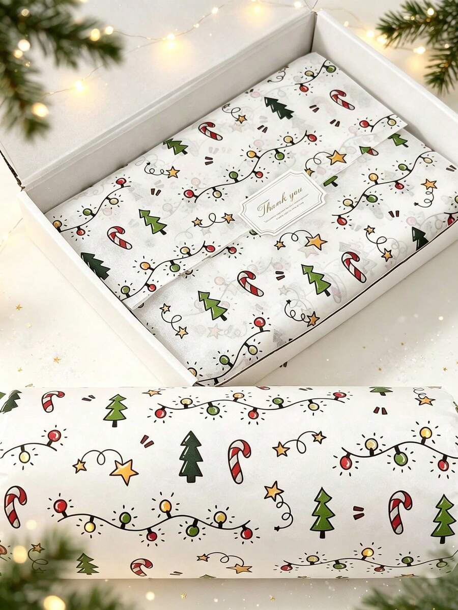 Christmas Lights Pattern Wrapping Paper, Includes Christmas Tree, Candy, Star Patterns - 20 Inches X 14 Inches, Handmade Wrapping Paper, Easy To Protect Items, Suitable For Gift Box Filling, Party Decoration - Christmas Style Design, Durable Packaging, Holiday Wrapping, Holiday Decoration - A - View 1