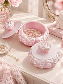 3D Printed Rose Top Jewelry Box, Outer Wall Surrounded By 3D Bow Relief, Soft Pink. With Lid Dust-Proof Design, Properly Store Rings, Necklaces, Earrings, Romantic And Exquisite, High-Value Storage Item For Girls' Vanity. - Multicolor - View 3