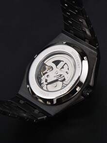 LONGLUX 1pc Men's Hollow Automatic Mechanical Watch, Waterproof Steel Band, Suitable For Daily Wear And Holiday Gift - Black - View 6