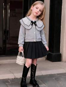 Set de 2 piezas de niña joven con cárdigan casual de lunares y falda plisada, para primavera/otoño - Gris Claro - Ver 4