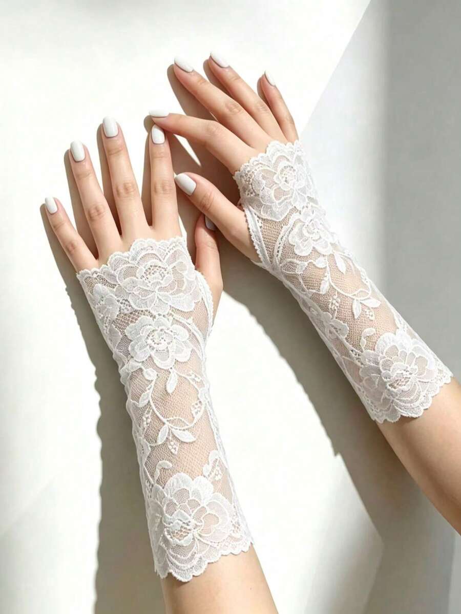 1雙女款優雅白色蕾絲防曬冰絲薄款露趾無指手套袖套 - 白色 - 查看 1