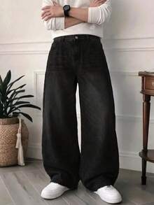 Tween Boy Wide Leg Loose Casual Versatile Elastic Waist Denim Jeans - Black - View 4