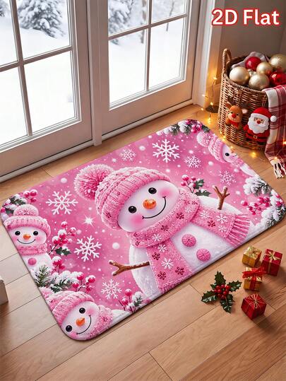 1 pezzo Tappeto da pavimento natalizio carino e allegro con pupazzo di neve rosa invernale, regalo per feste, materiale in feltro, lavabile in lavatrice, tappeto stampato perfetto per ingresso, bagno, soggiorno, lavanderia, decorazione per la casa, decorazione autunnale/invernale, ideale per decorazione natalizia della casa e della cucina