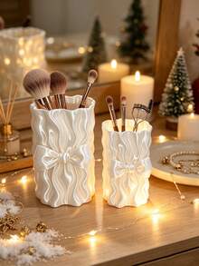 French Satin Wavy Pattern Storage Cylinder, Continuous Undulating Pleated Design With 3D Bow, 3D Printed One-Piece Molding, Delicate Texture, For Organizing Various Makeup Tools, Gentle And Minimalist, Decorates Makeup Vanity Desktop Space - Multicolor - View 9