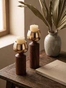 Wood & Gold Metal Candlestick Holder, Retro Table Candle Holder Decor For Wedding, Dining Room, Home Decor,Wood & Gold Metal Candlestick Holder, Retro Table Candle Holder Decor For Wedding, Dining Room, Home Decor. - Fashionable Light Luxury Style - View 8