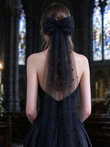 1pc Elegant Satin Bow Beaded Short Veil Mesh Bridal Headpiece - Multicolor - View 4
