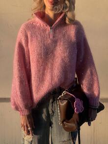 Women's Autumn/Winter Watermelon Pink Versatile All-Match Long Sleeve Zipper Collar Sweater With Sequin Embellishment - Watermelon Pink - View 1