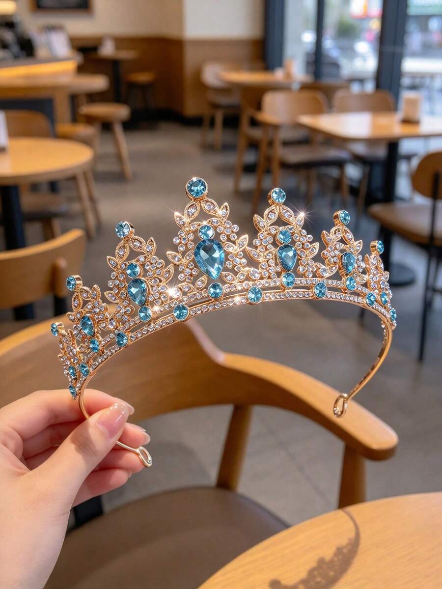 1pc European & American Fashion Exquisite Alloy Bridal Crown, Suitable For Women's Wedding Party Hair Accessory, Queen Princess Party Headpiece - Golden Lake Blue - View 1